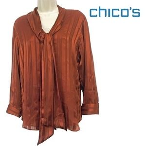 CHICO'S Terracotta Shadow Stripe Satin with Scarf Tie Buttons Top Blouse NWOT